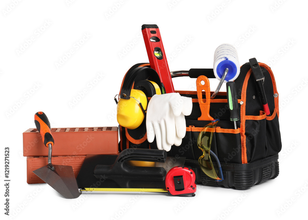 Bag with construction tools and building materials isolated on white Bag with construction tools and building materials isolated on white