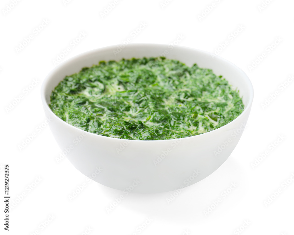 Delicious spinach sauce in bowl isolated on white Delicious spinach sauce in bowl isolated on white