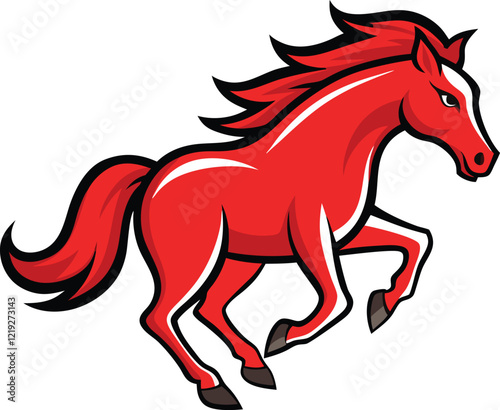 Outlined Running Red Mustang Horse Vector Illustration - Red Mustang Colorful Horse Vector