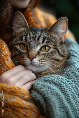 Warm Hug Between Human and Cat in Cozy Knitted Blankets