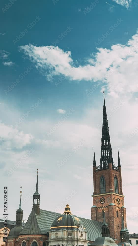 Stockholm, Sweden. Gamla Stan Is Famous Popular Place And Destination Scenic. Riddarholm Church In Sunny Summer Day. UNESCO World Heritage Site Stockholm, Sweden. Gamla Stan Is Famous Popular Place And Destination Scenic. Riddarholm Church In Sunny Summer Day. UNESCO World Heritage Site