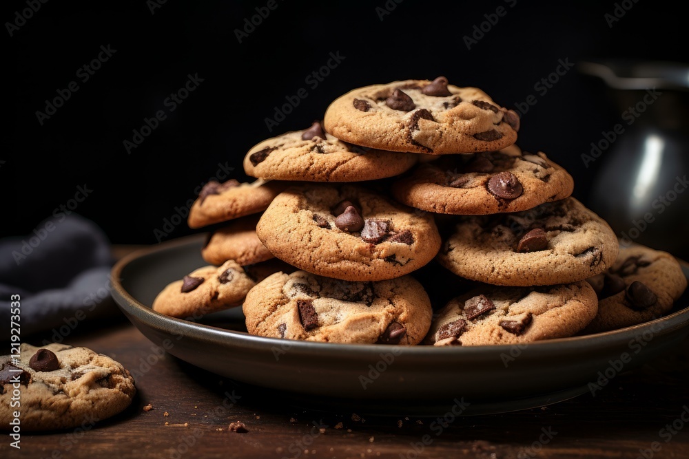 Freshly baked chocolate chip cookies stacked high on a plate, creating a tempting treat Freshly baked chocolate chip cookies stacked high on a plate, creating a tempting treat