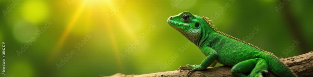 An emerald lizard is seen basking in the warm sunlight on a tree branch, sunbathing, scenery, natural An emerald lizard is seen basking in the warm sunlight on a tree branch, sunbathing, scenery, natural