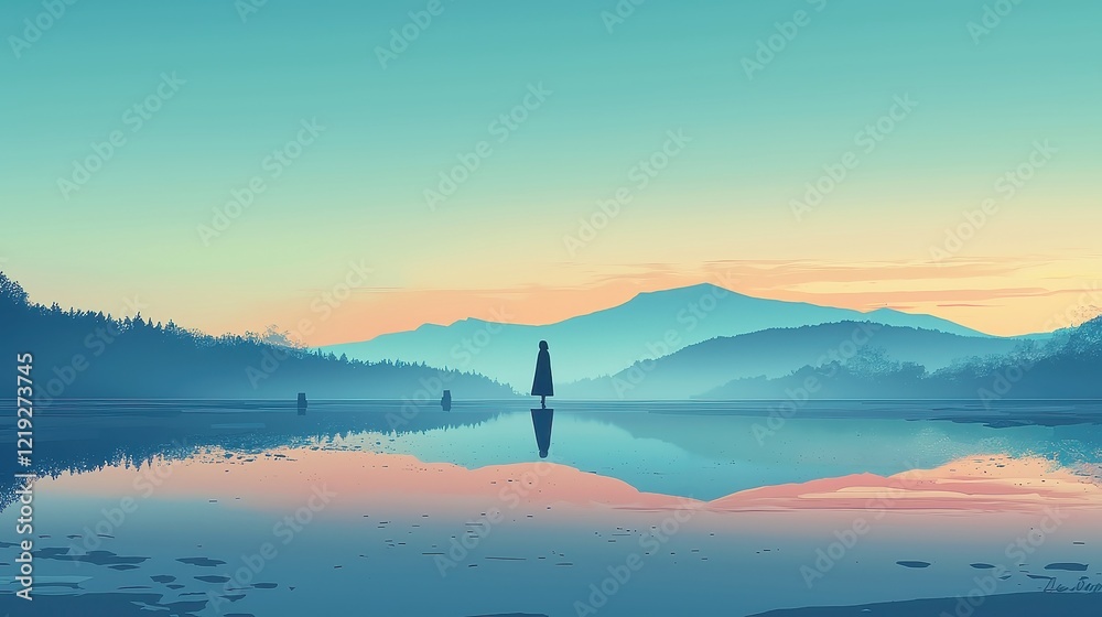 Obraz premium City Pop Dreamscape, a vibrant portrayal of a young woman by a twilight lake, featuring bold outlines, solid colors, and a serene, geometric style reminiscent of pop art.