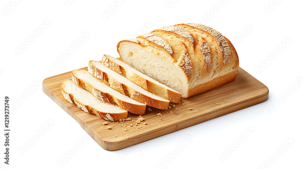 Freshly sliced bread on wooden cutting board, showcasing its soft texture and golden crust. Perfect for sandwiches or toast Freshly sliced bread on wooden cutting board, showcasing its soft texture and golden crust. Perfect for sandwiches or toast