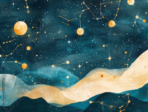 Vibrant celestial painting with realistic goldblue color scheme photo