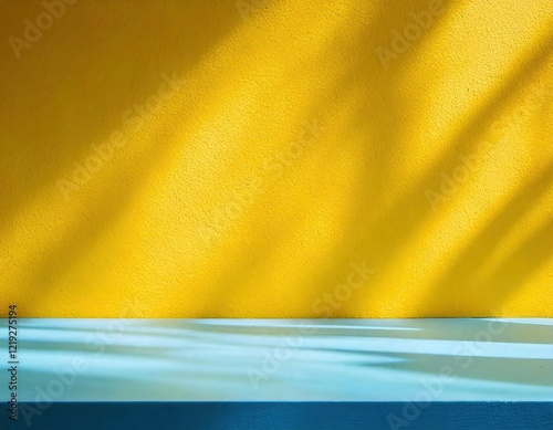 sunbeams cast interesting shadows across a bright yellow wall and a white countertop, creating a warm and inviting ambiance.