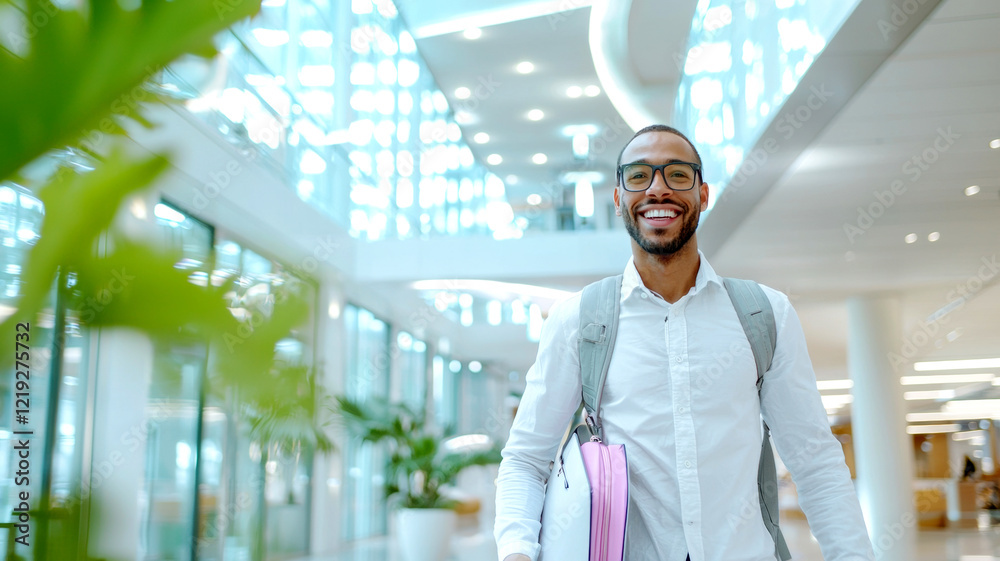 A smiling man in formal attire walks through a modern, bright building with large windows, carrying a backpack and notebooks. A smiling man in formal attire walks through a modern, bright building with large windows, carrying a backpack and notebooks.