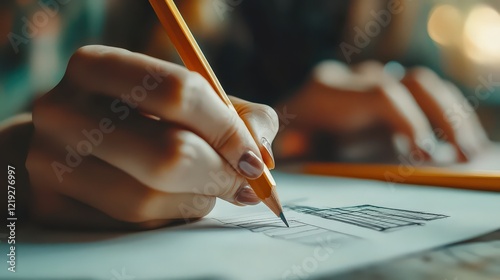 A close-up of hands sketching ideas for a skyscraper with a pencil and ruler, emphasizing creativity and skill. photo