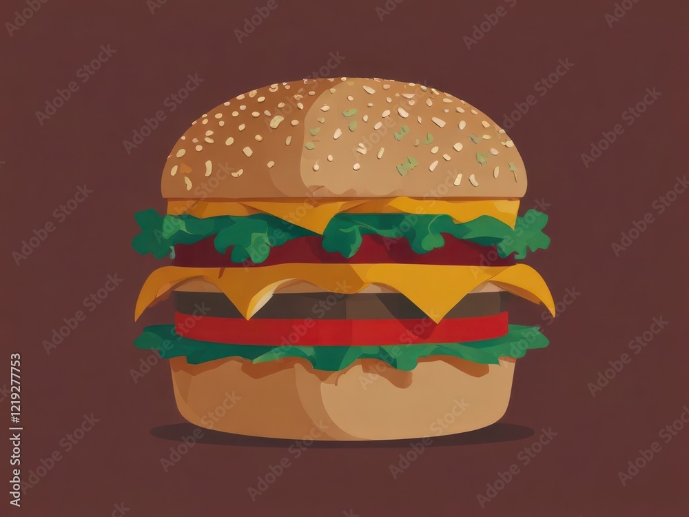 Vibrant cheeseburger illustration with lettuce, tomato, and sesame seed bun Vibrant cheeseburger illustration with lettuce, tomato, and sesame seed bun