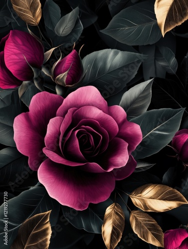 Dark floral pattern featuring purple rose and golden leaves