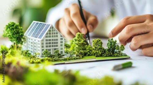 Wallpaper Mural A close-up shot of a young architect sketching a green energy-powered office building on a drawing pad. Torontodigital.ca