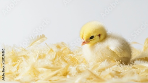 A cute baby chick pecking at the ground, surrounded by soft feathers, on a white isolated background