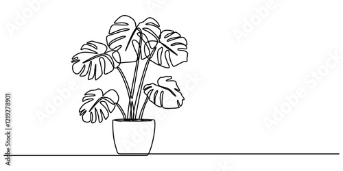 Monstera in pot drawing in one continuous line, Single continuous line drawing monstera. Monstera leaf line art. Contour drawing. Minimalism art. Modern decor,  beauty potted tropical leaf monstera.
