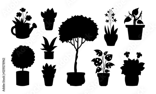 Silhouette plant pot set. silhouettes collection of decor house indoor garden plants in pots. Vector illustration