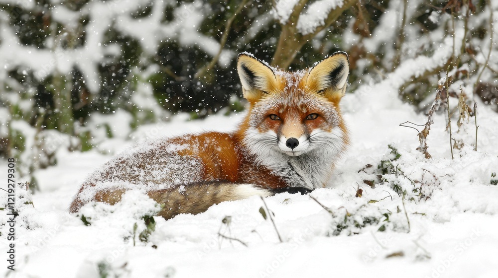 Obraz premium A red fox in a snowy forest, with its bright red fur contrasting against the white snow,