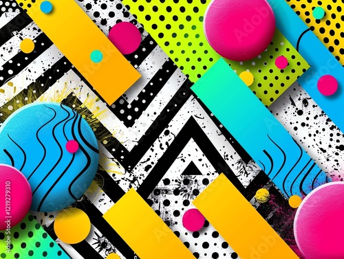 Bold 90s patterns with zigzag lines, neon green and pastel blue overlays, hot pink dots scattered across a lively background