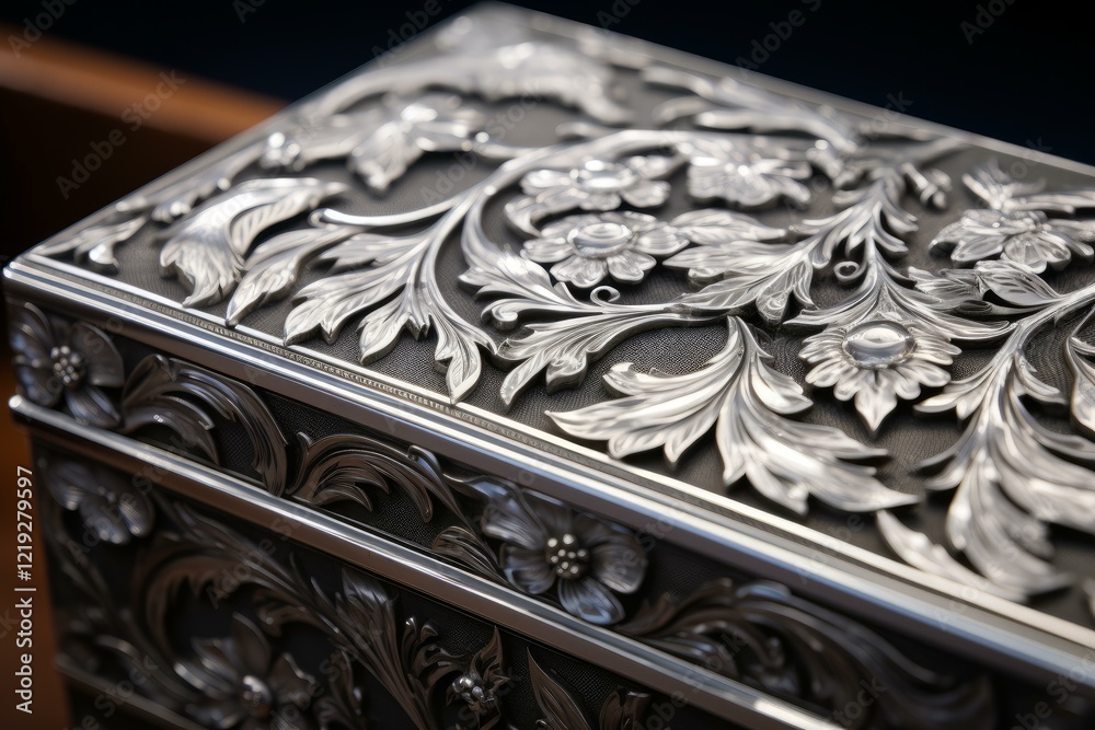 Close up of a beautiful silver box with intricate hand engraved floral design, showcasing craftsmanship and artistry Close up of a beautiful silver box with intricate hand engraved floral design, showcasing craftsmanship and artistry