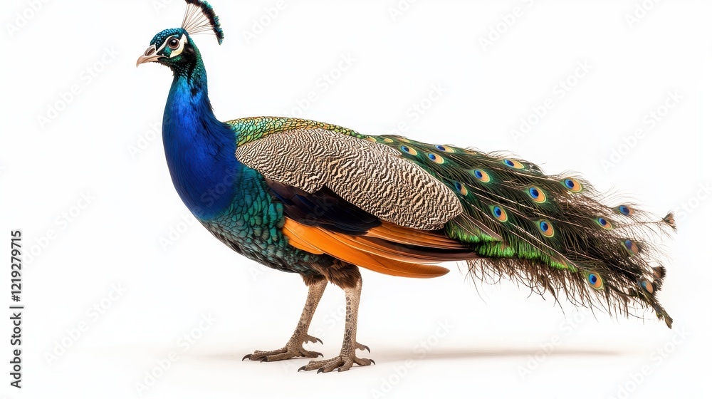 Obraz premium A proud peacock displaying its vibrant feathers, with a striking pattern, on a white isolated background