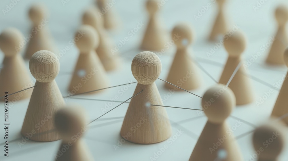 Obraz premium Network concept with wooden figures connected on a white surface symbolizing human resources strategy and management