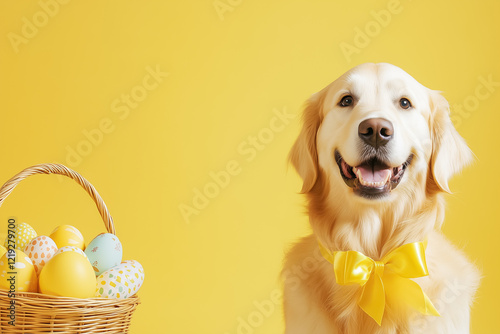 A cheerful golden retriever wears a festive Easter ribbon and happily wags its tail next to a basket filled with colorful eggs, set against a sunny yellow background photo