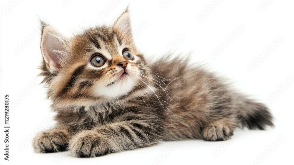 A playful kitten batting at a feather toy, with its paws raised, on a white isolated background A playful kitten batting at a feather toy, with its paws raised, on a white isolated background
