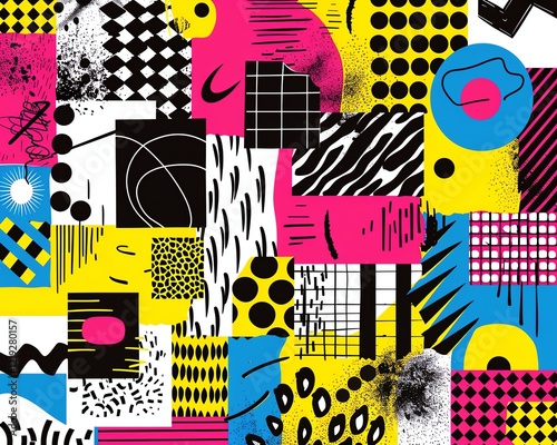 Memphis-inspired abstract patterns, neon pink and yellow color scheme, jagged edges, funky grid textures, and playful 90s elements photo