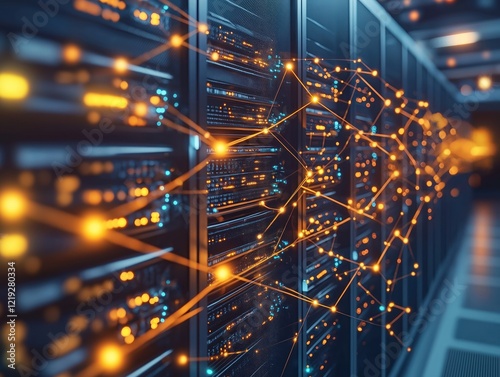 Advanced tech infrastructure. Network of interconnected servers. Data storage, management. High-performance computing environment. Modern data center. Big data processing, optimization. Enterprise