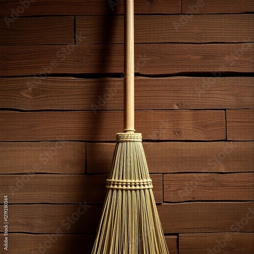 Broom leans, home wall.
