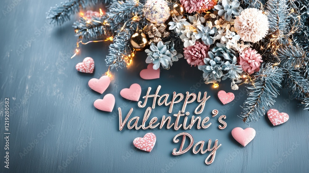 Fototapeta premium Festive Valentine's Day Card Design with Colorful Flowers and Hearts on a Wooden Table Background