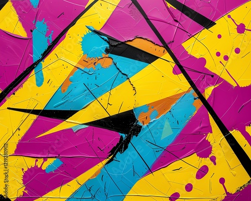 Funky retro 90s design, bold geometric triangles, colorful squiggles, vibrant textures in purple, yellow, and turquoise, high-energy background photo
