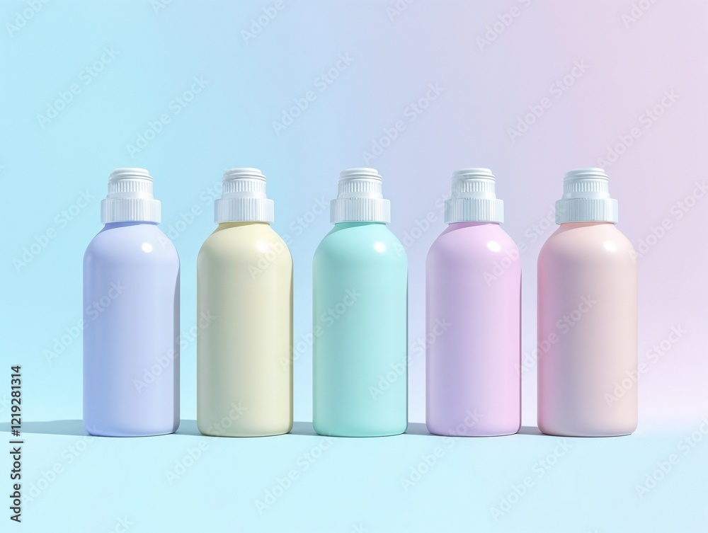 Cosmetic bottles with blank labels in pastel colors for commercial packaging mockup Cosmetic bottles with blank labels in pastel colors for commercial packaging mockup