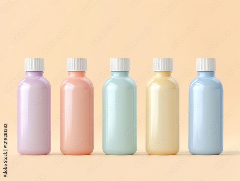 Cosmetic bottles with blank labels in pastel colors for commercial packaging mockup Cosmetic bottles with blank labels in pastel colors for commercial packaging mockup