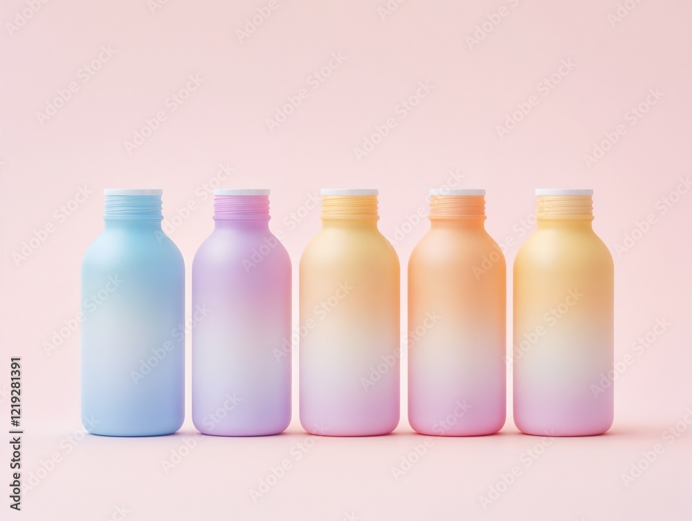 Five cosmetic bottles in pastel gradient design with blank labels for commercial use Five cosmetic bottles in pastel gradient design with blank labels for commercial use