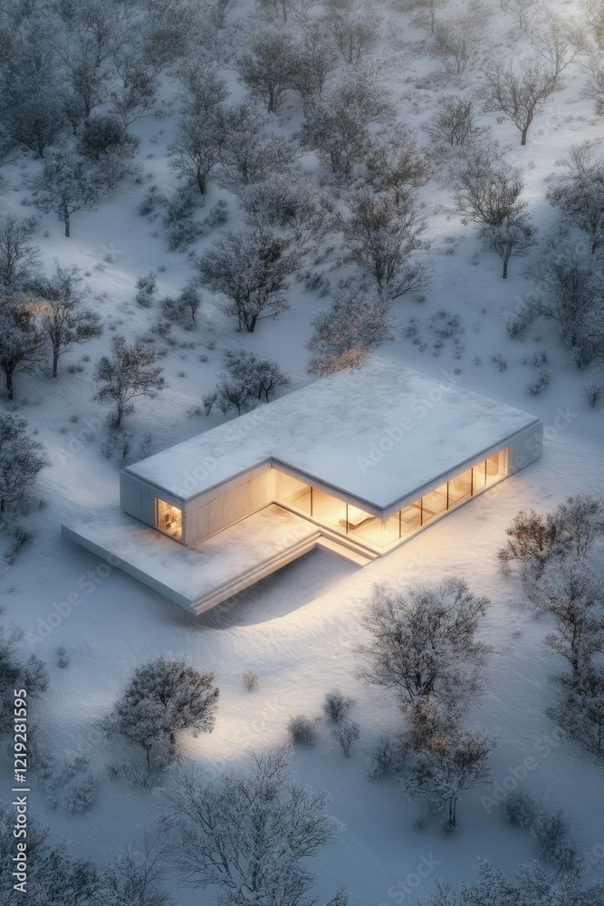 Snow-covered modern house in a serene winter landscape Snow-covered modern house in a serene winter landscape