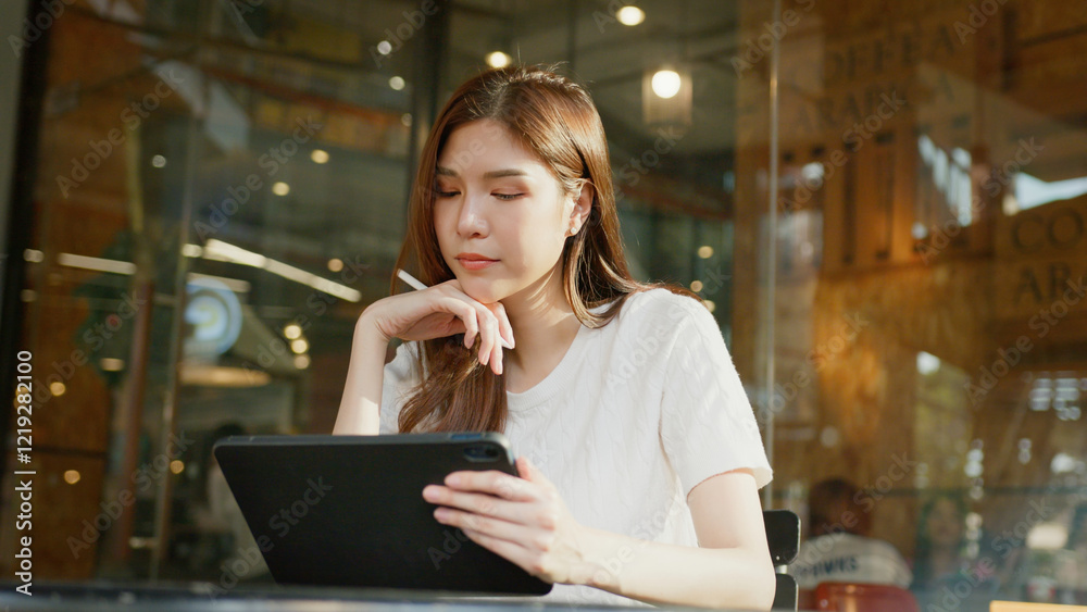 woman using tablet in cafe, focused and engaged in her work. businesswoman remote work digital nomad woman using tablet in cafe, focused and engaged in her work. businesswoman remote work digital nomad