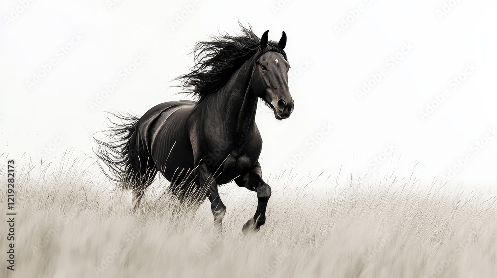 A horse running freely across an open meadow, with its mane flowing in the wind, on a white isolated background A horse running freely across an open meadow, with its mane flowing in the wind, on a white isolated background