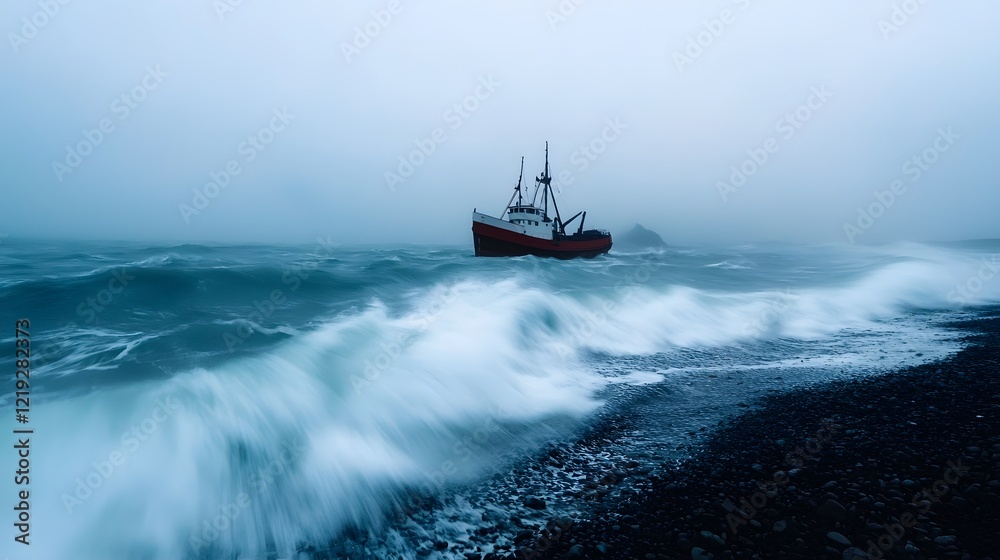 Naklejka premium Bleak and Haunting Seascape - Lone Ship Adrift in Turbulent Ocean,Obscured by Dense Fog