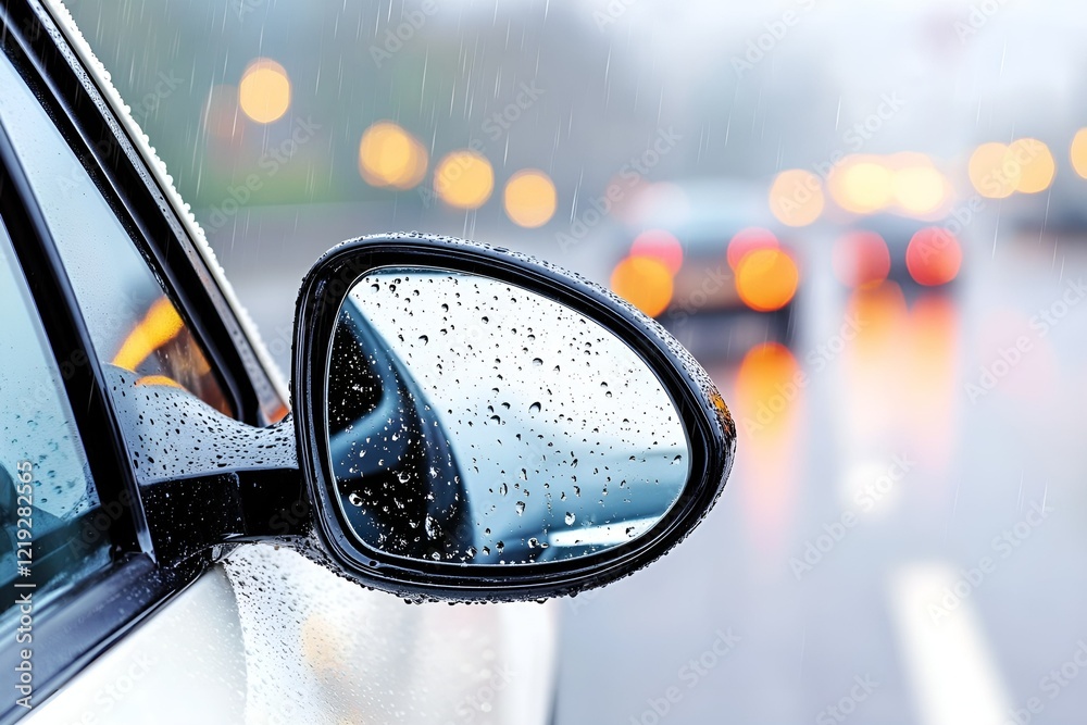 Close-up of a car side mirror covered with raindrops reflecting blurred traffic lights on a rainy day, creating a vibrant and moody urban atmosphere with glowing bokeh effects
Close-up of a car side mirror covered with raindrops reflecting blurred traffic lights on a rainy day, creating a vibrant and moody urban atmosphere with glowing bokeh effects