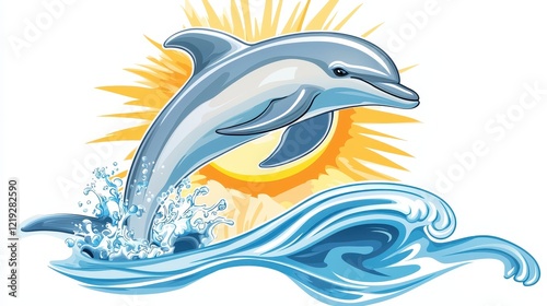 A dolphin jumping out of the ocean, with the sun shining behind it, on a white isolated background photo