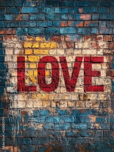 Bright love graffiti on a textured brick wall in urban setting photo