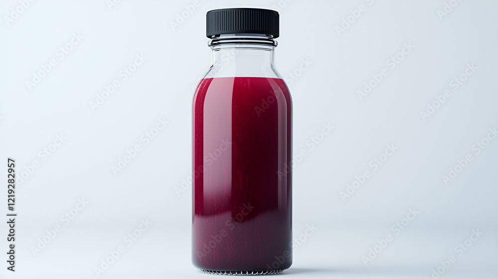 Glass bottle filled with a dark red liquid, against a white background. Perfect for branding and product photography. Glass bottle filled with a dark red liquid, against a white background. Perfect for branding and product photography.