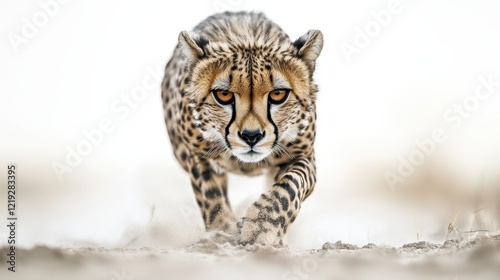 A cheetah sprinting across a savannah, with dust rising beneath its paws