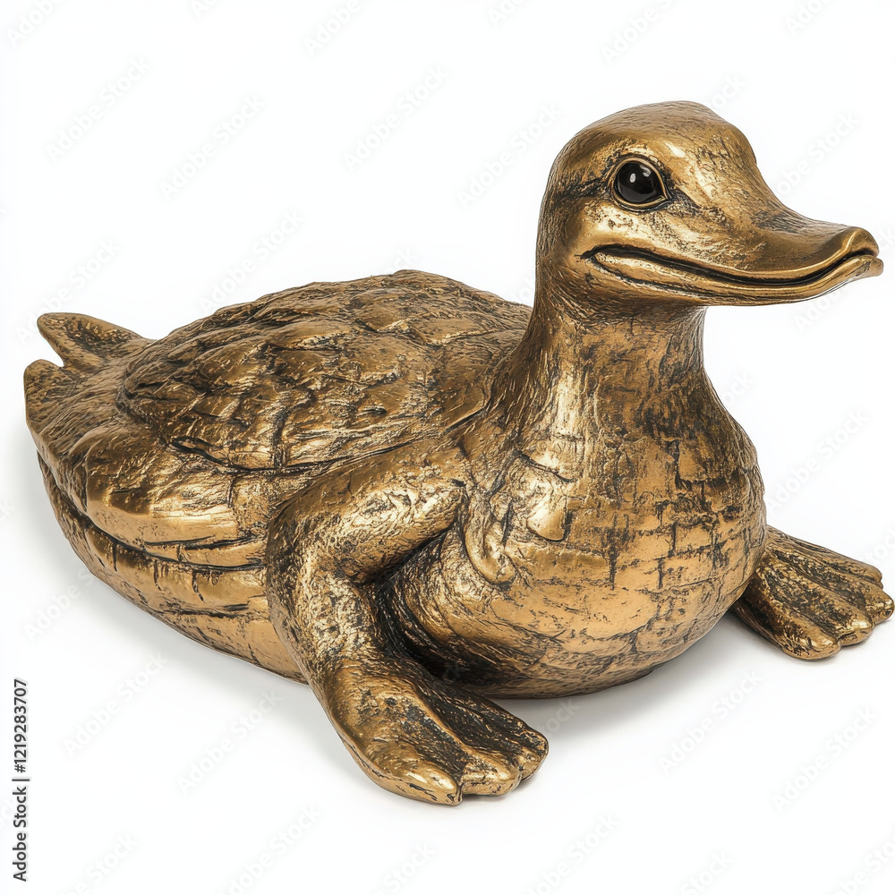 Naklejka premium Bronze duck sculpture, detailed texture, resting pose.