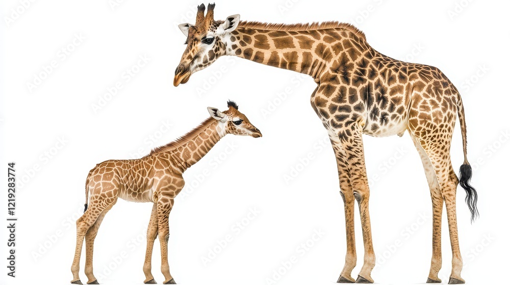 Fototapeta premium A mother giraffe with her baby standing beside her, both looking into the distance, on a white isolated background