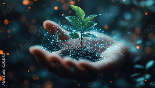 Cybernetic hand holding a small plant in its palm, digital grid and light effects surrounding it, offering a blank canvas for copy or text placement photo