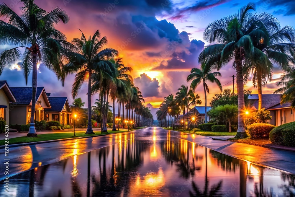 Obraz premium Rain-Washed Palm Trees, Suburban Road at Dusk