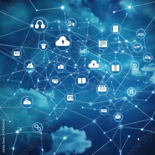 Network of interconnected icons representing technology, data, and communication in a digital cloud environment
