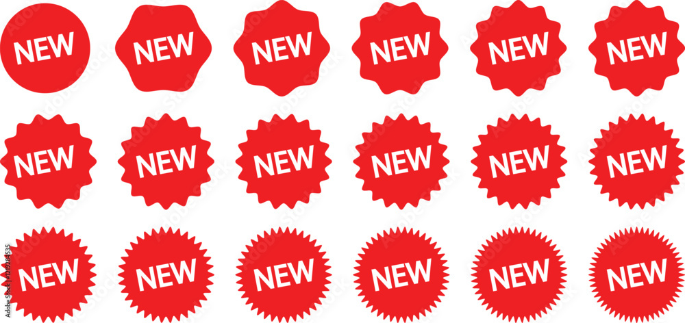 Sale sticker, price tag, starburst icon set. Set of red starburst badges promotional labels price stickers or sunburst promo tags. Wavy edge promo red badges. Circle sticker set. Star burst shape