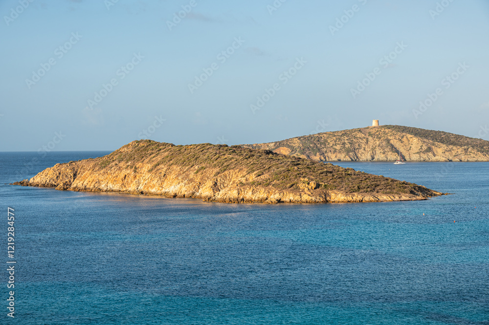 Aerial view of Tuerredda bay with the beach of fine sand and transparent blue and turquoise water